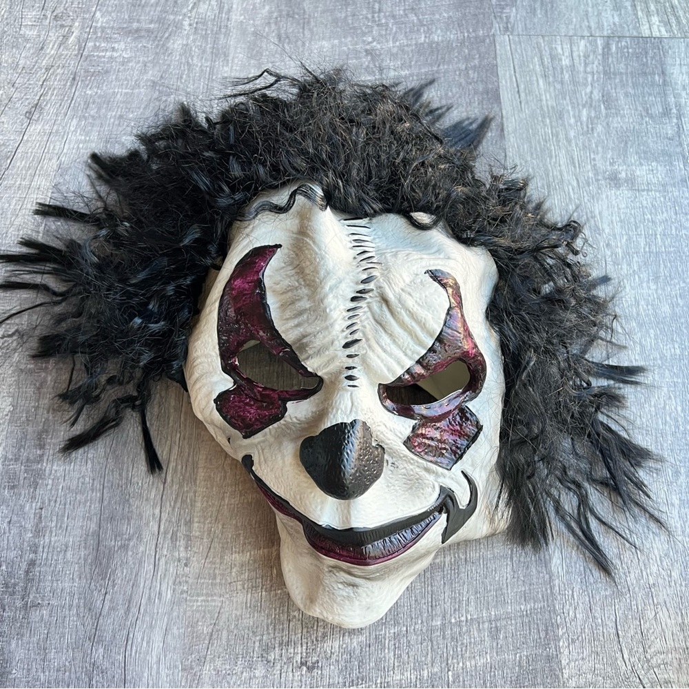 Halloween Mask Scary Clown Latex Adult Costume White Black Hair Full Head Crazy